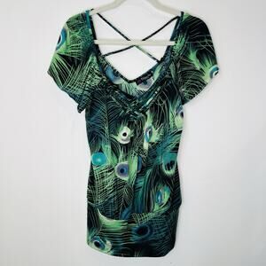 Peacock Colored Shirt With Fitted Bottom Criss Cross Back Top No Size Tag